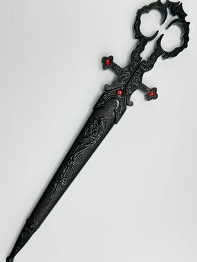 10" Renaissance Black Scissors Dagger Gothic Medieval Letter Opener w/ Red Jewel